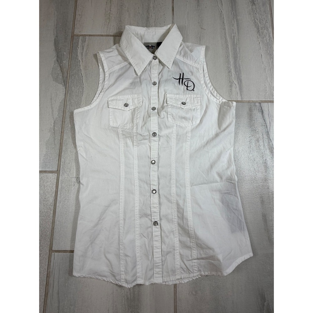Harley-Davidson 110th Anniversary Sleeveless Button Down Shirt White Womens S
